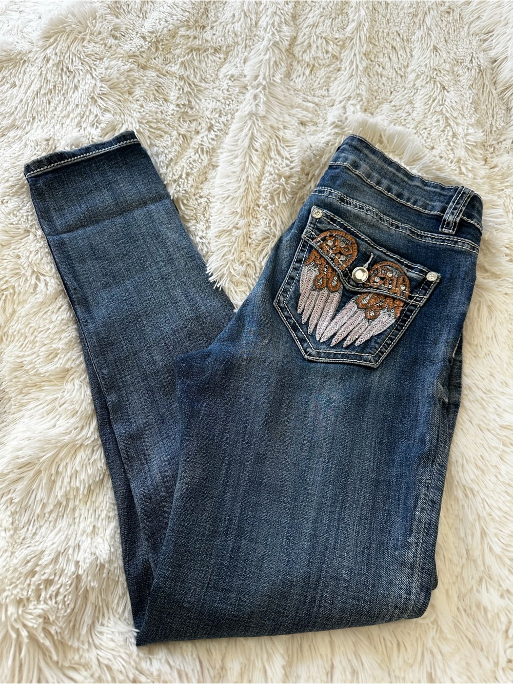 Rebel & Soul Skinny Jeans Size 6 Blue Angel Wing Embellished Stretch Denim